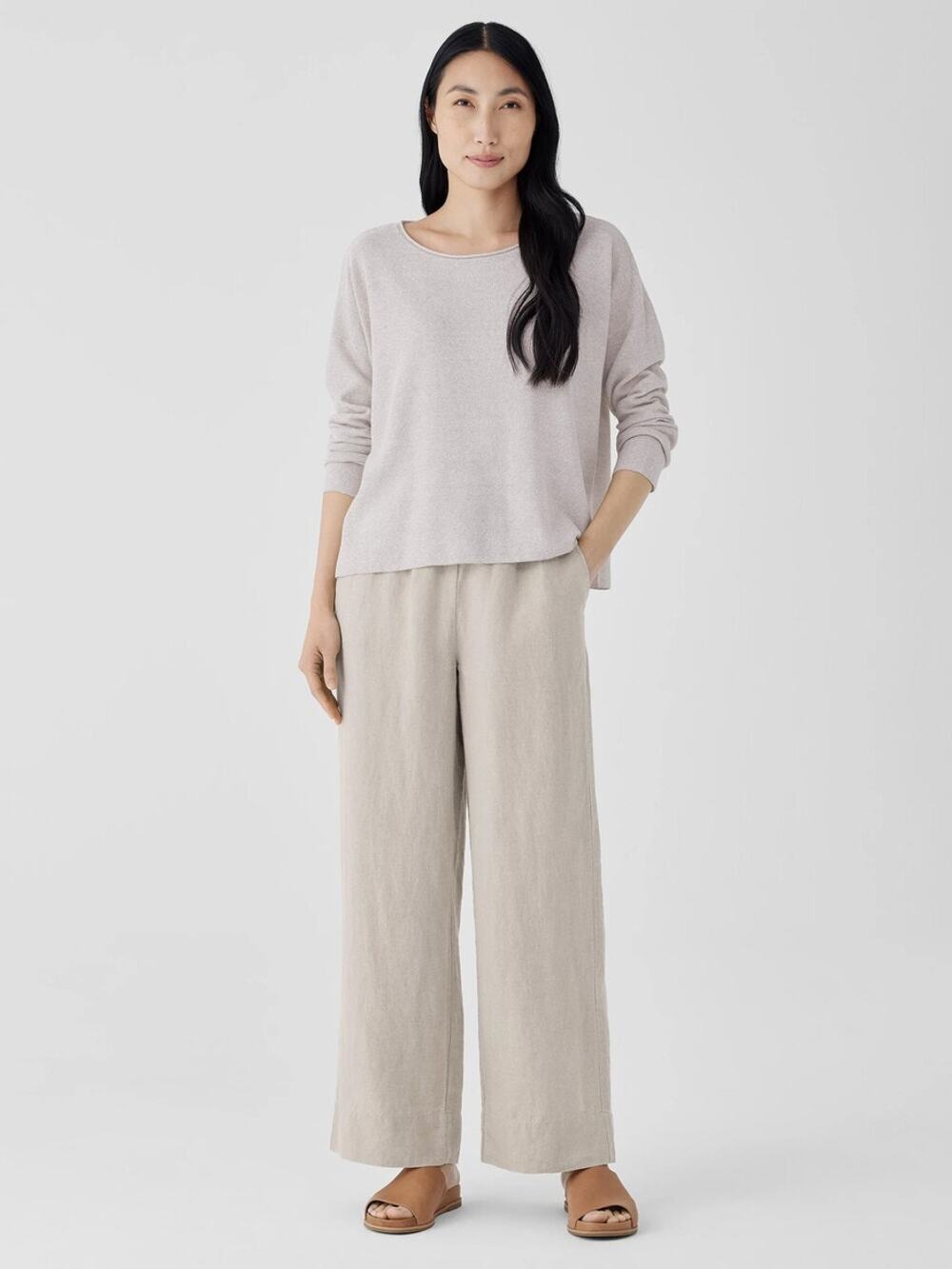Eileen Fisher Womens PM Tan Irish Linen Pull On Wide Leg Pants Minimalist V5-14
